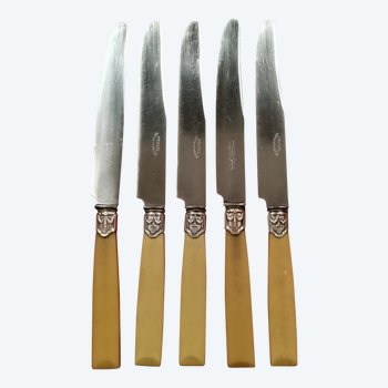 Nice set of 5 large table knives in blond horn with solid silver ferrules