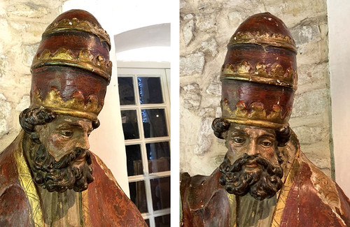 Sculpture XVII°, 195cm, du Papes Saint SIXTE II°, en bois polychrome, yeux en verre 
