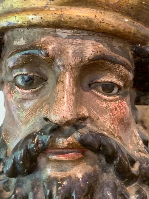 Sculpture XVII°, 195cm, du Papes Saint SIXTE II°, en bois polychrome, yeux en verre 