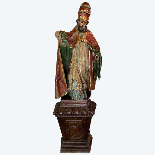 Sculpture XVII°, 195cm, du Papes Saint SIXTE II°, en bois polychrome, yeux en verre 