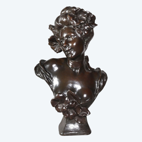 Bronzo XIX secolo, 63 cm, firmato: Charles Théodore PERRON 1862/1934, Busto di donna Scuola francese del XIX secolo