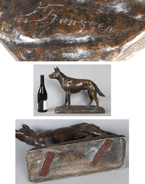 Bronzo del XIX secolo, firmato H. Hanggen o H. Hanssen, Cane da pastore
