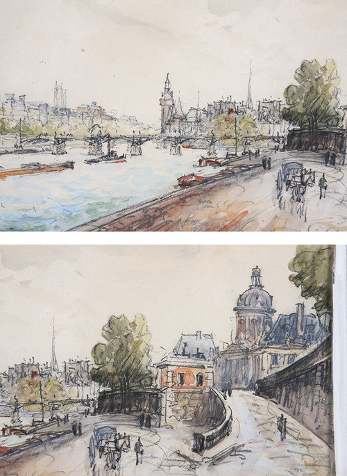 Frank Will (Frank Boggs), Parigi, Quai de Seine, Pont des Arts, acquerello