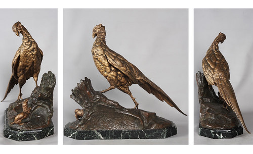 19th century bronze, 53 cm, by Jules MOIGNIEZ 1835 / 1894, Pheasant and Shrew.