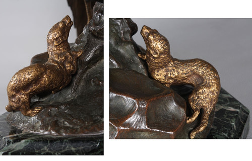 19th century bronze, 53 cm, by Jules MOIGNIEZ 1835 / 1894, Pheasant and Shrew.