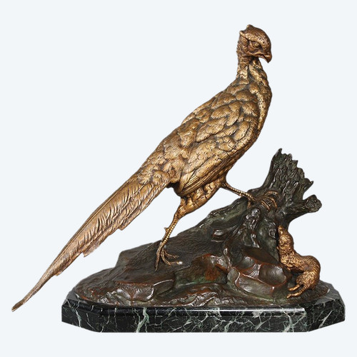 19th century bronze, 53 cm, by Jules MOIGNIEZ 1835 / 1894, Pheasant and Shrew.