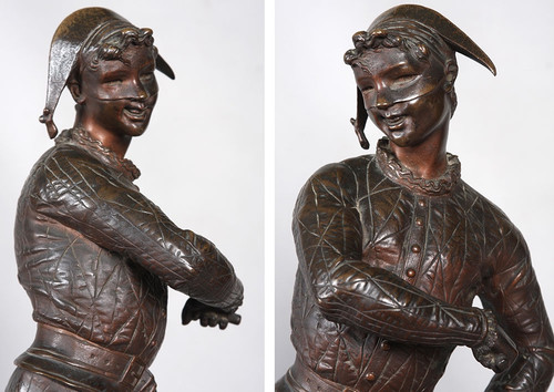Bronzo XIX secolo, 54 cm, firmato Emile LAPORTE 1858/1907, Arlecchino