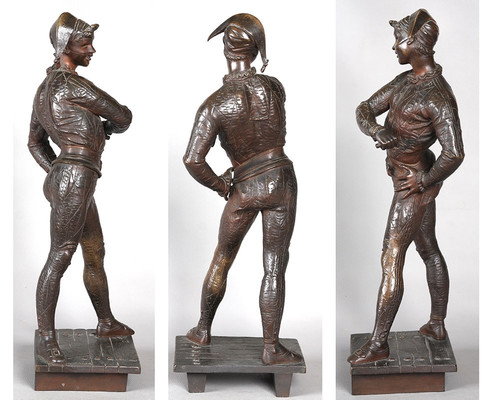 Bronzo XIX secolo, 54 cm, firmato Emile LAPORTE 1858/1907, Arlecchino