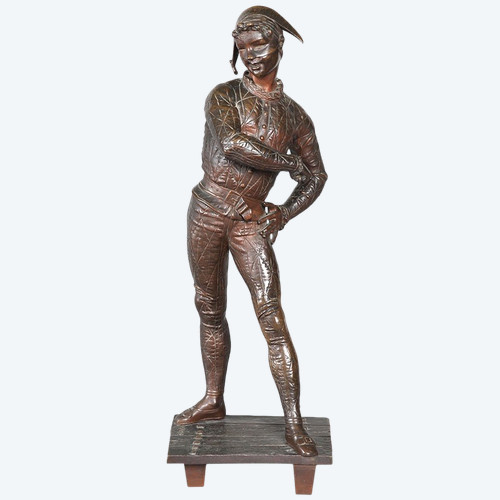 Bronzo XIX secolo, 54 cm, firmato Emile LAPORTE 1858/1907, Arlecchino