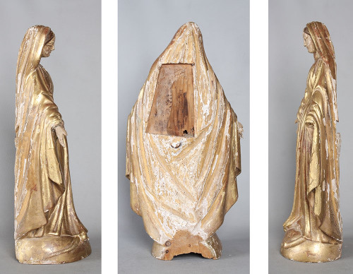Vergine XVIII secolo, cm 60, scultura in legno dorato con foglia oro