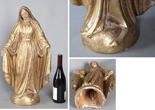 Vergine XVIII secolo, cm 60, scultura in legno dorato con foglia oro