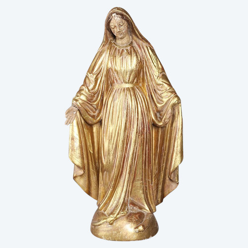 Vergine XVIII secolo, cm 60, scultura in legno dorato con foglia oro