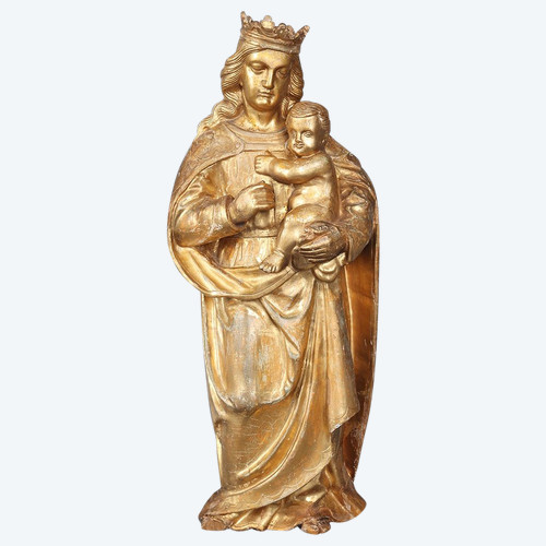 Crowned Virgin, 18th century, 56 cm, gilded wood sculpture with gold leaf