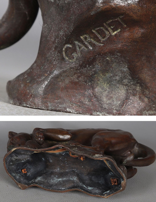 Bronze circa 1900, Georges GARDET 1863/1939, Lioness hunting a Lizard