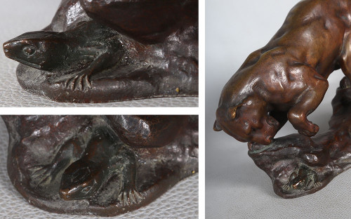 Bronze circa 1900, Georges GARDET 1863/1939, Lioness hunting a Lizard