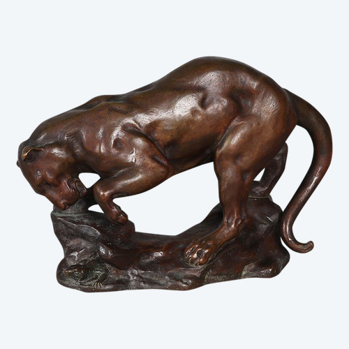 Bronze circa 1900, Georges GARDET 1863/1939, Lioness hunting a Lizard