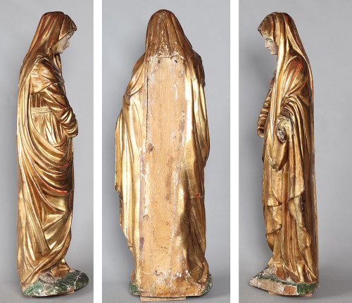 Large 18th century Virgin, 90 cm, gilded wood sculpture with gold leaf