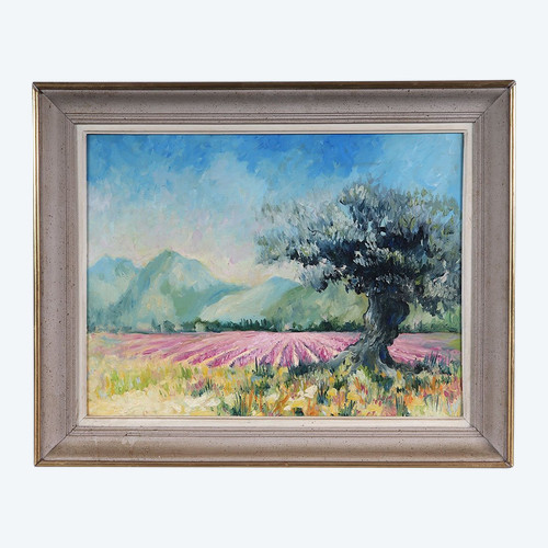 Paysage Provence, 80 x 64 cm, les lavandes, Sud de la France, École Française