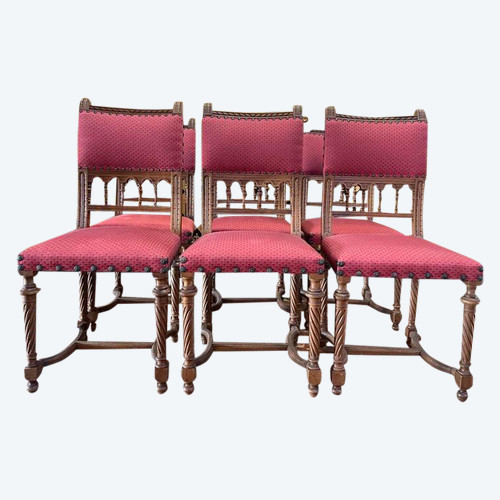 Set of 6 Renaissance style carved walnut chairs - Haute époque