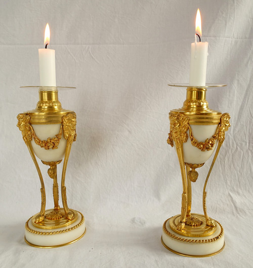Pair of cassolettes with inverted candlesticks in gilded bronze and marble, Louis XVI style