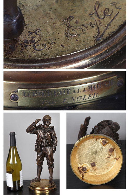 Bronzo della fine del XIX secolo, 37 cm, Emile ENGLER, Pierrot con una mosca