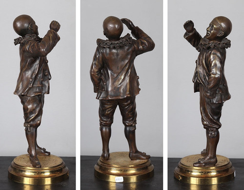 Bronzo della fine del XIX secolo, 37 cm, Emile ENGLER, Pierrot con una mosca