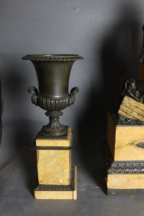 Siena marble clock and bronze cassolettes