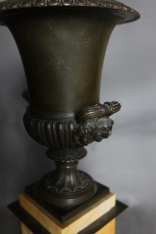 Siena marble clock and bronze cassolettes