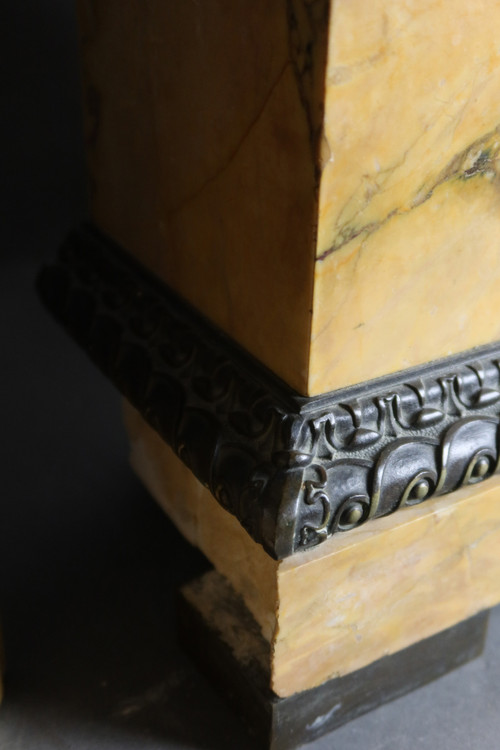 Siena marble clock and bronze cassolettes