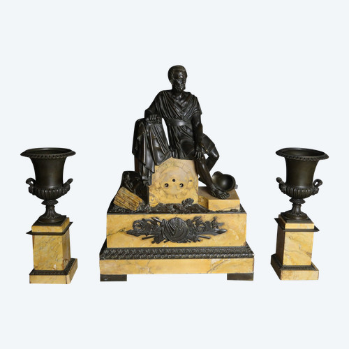 Siena marble clock and bronze cassolettes
