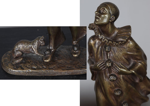 Bronzo inizi del XX secolo, 30 cm, firmato: Robert BOUSQUET 1894/1917, Pierrot e il suo gatto