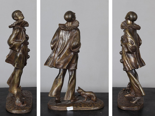 Bronzo inizi del XX secolo, 30 cm, firmato: Robert BOUSQUET 1894/1917, Pierrot e il suo gatto
