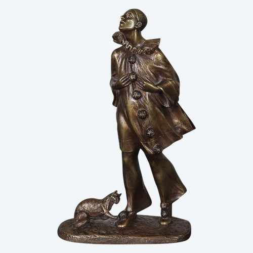 Bronzo inizi del XX secolo, 30 cm, firmato: Robert BOUSQUET 1894/1917, Pierrot e il suo gatto