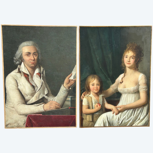 Ritratto - Coppia Di Ritratti Di Coppia E Bambino Del Periodo Direttorio O Impero H 92 Cm