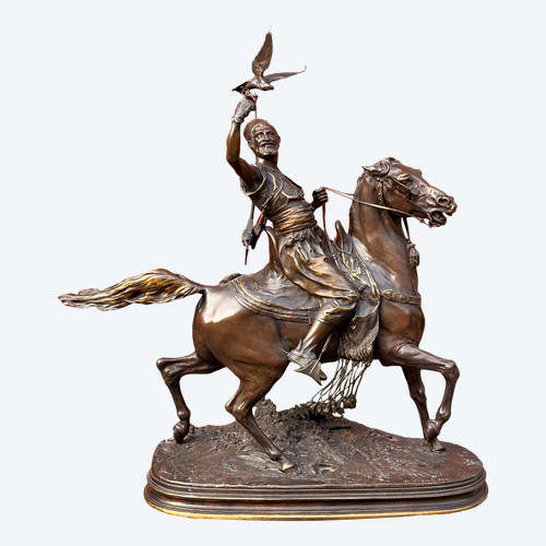 Pierre Jules Mène (1810-1879) Bedeutender arabischer Falkner aus Bronze zu Pferd, 19. Jahrhundert, H 78 cm