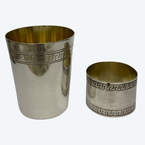 Timbale et rond de serviette art déco en argent massif 