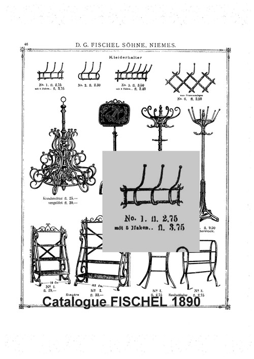 Appendiabiti e cappelliera di Fischel in legno curvato 1900 tinto faggio naturale