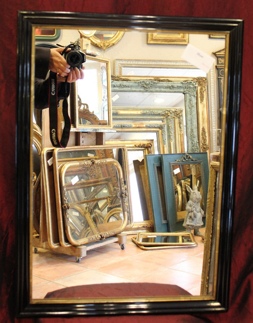 50 x 70 cm Rectangular mirror, black lacquered wood, gold trim, Napoleon III