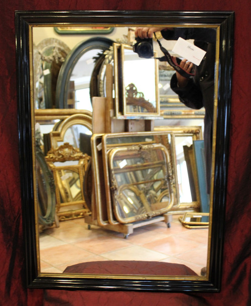 50 x 70 cm Rectangular mirror, black lacquered wood, gold trim, Napoleon III