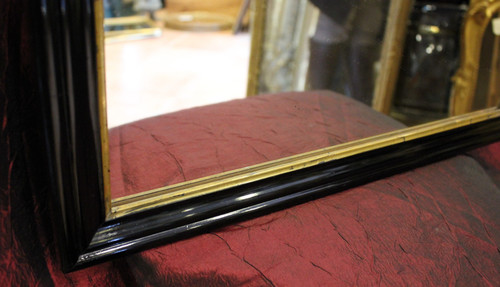 50 x 70 cm Rectangular mirror, black lacquered wood, gold trim, Napoleon III