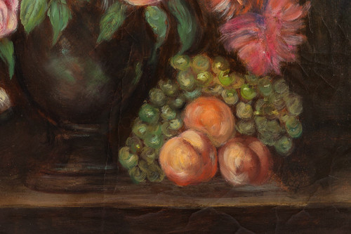 Scuola francese, Mazzo di tulipani, rose e frutti su trabeazione olio su tela del periodo Nap