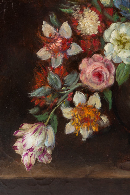 Scuola francese, Mazzo di tulipani, rose e frutti su trabeazione olio su tela del periodo Nap