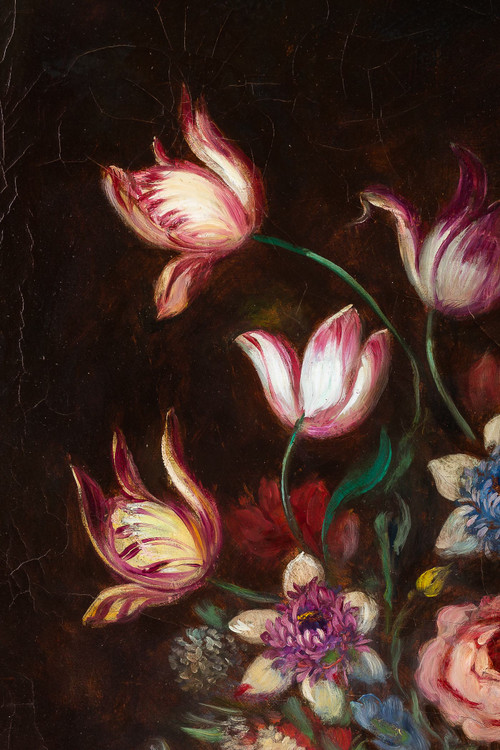 Scuola francese, Mazzo di tulipani, rose e frutti su trabeazione olio su tela del periodo Nap