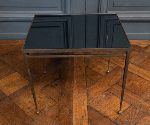 Beistelltisch am Ende des Sofas, 1960, goldfarbene Metall-Kugelfüße aus Rauchglas