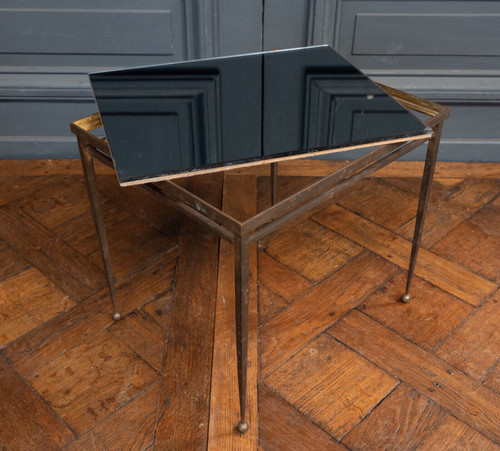 Beistelltisch am Ende des Sofas, 1960, goldfarbene Metall-Kugelfüße aus Rauchglas