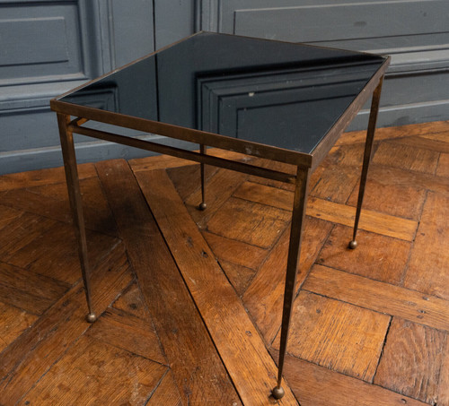 Beistelltisch am Ende des Sofas, 1960, goldfarbene Metall-Kugelfüße aus Rauchglas