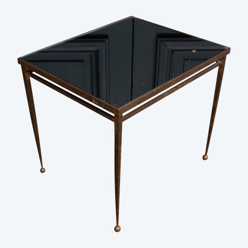 Beistelltisch am Ende des Sofas, 1960, goldfarbene Metall-Kugelfüße aus Rauchglas