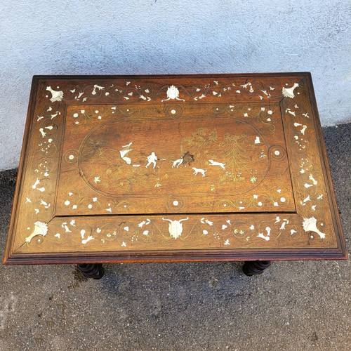 Small Oak and Walnut Table with Inlays, France 19th Century