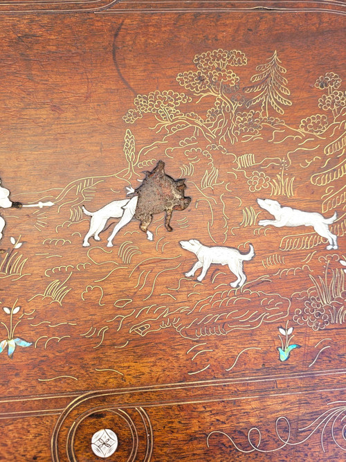 Small Oak and Walnut Table with Inlays, France 19th Century