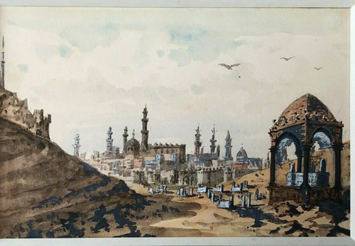 Paesaggio esotico ad acquerello La panoramica della Valle dei Califfi del Cairo